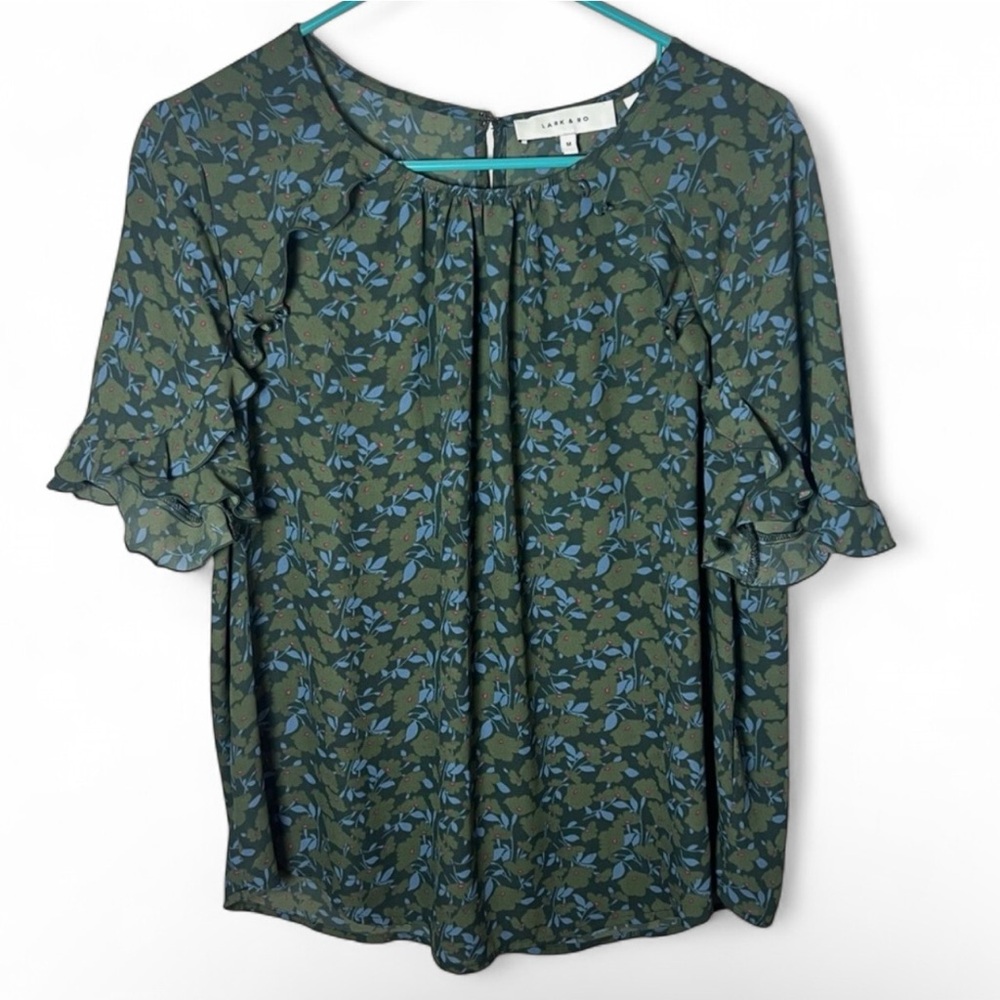 Lark & Ro Floral Ruffle Short Sleeve Blouse Work Office Casual Boho Size M